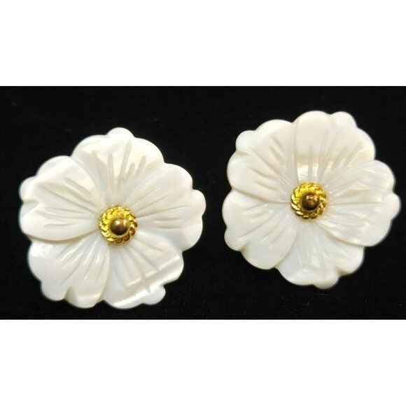 Hazen Carved Mother of Pearl Flower Goldtone Pierced Earrings - Picture 1 of 5